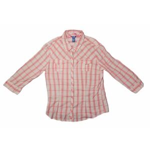 Lilu Women's Large Pink White Plaid 3/4 Sleeve Button Up Western Shirt Cotton